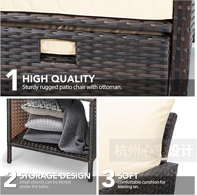 LEVELEVE Balcony Furniture 5 Piece Patio Conversation Set, PE Wicker Rattan Outdoor Lounge Chairs with Soft Cushions 2 Ottoman&Glass Table for Porch, Lawn-Brown Wicker