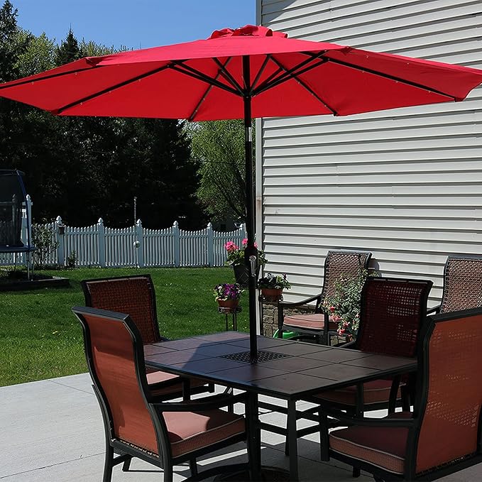 Sunnydaze 9 ft Outdoor Patio Umbrella with Solar Lights - Polyester LED Table Market Umbrella with Push-Button Tilt and Crank - Red