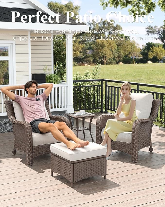 LayinSun 3 Piece Wicker Outdoor Furniture Set with 6-inch Comfy Cushions, High Back Patio Furniture Set with Rattan Armchairs and Side Table