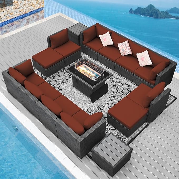 NICESOUL 15 Piece Outdoor Sectional with Fire Pit Table, Modern Luxury Patio Deep Seating w/Firepit, 29.3'' High-Back Wicker Couch Thick, Big High-Weight Capacity Sofa for Terrace, Yard, Gray & Red