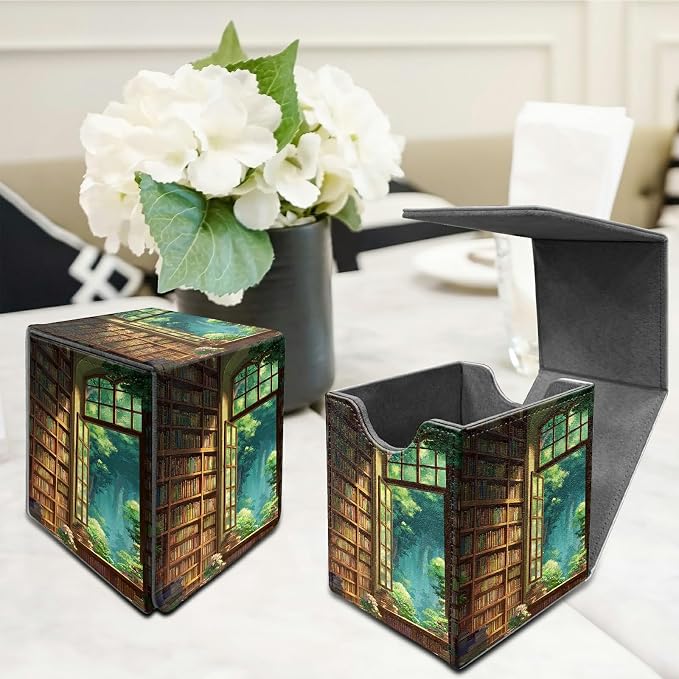 Library Window Card Deck Box for MTG, Personalized Card Storage Case Fits 120+ Sleeved Cards, Premium Leather TCG Box with Strong Magnetic Closure for Magic, CCG, PTCG, Baseball Cards