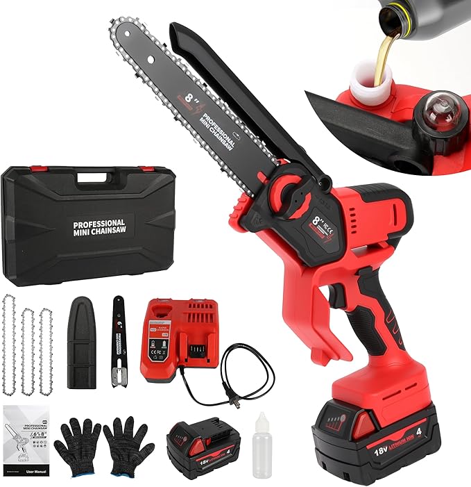 2026 Upgraded 8-Inch Brushless Cordless Chainsaw with 6-Inch & 8-Inch Guide Plates, Compatible for Milwaukee M18 18V Battery (4.0Ah Included), Tool-Free Chain Tensioning & Automatic Lubrication System