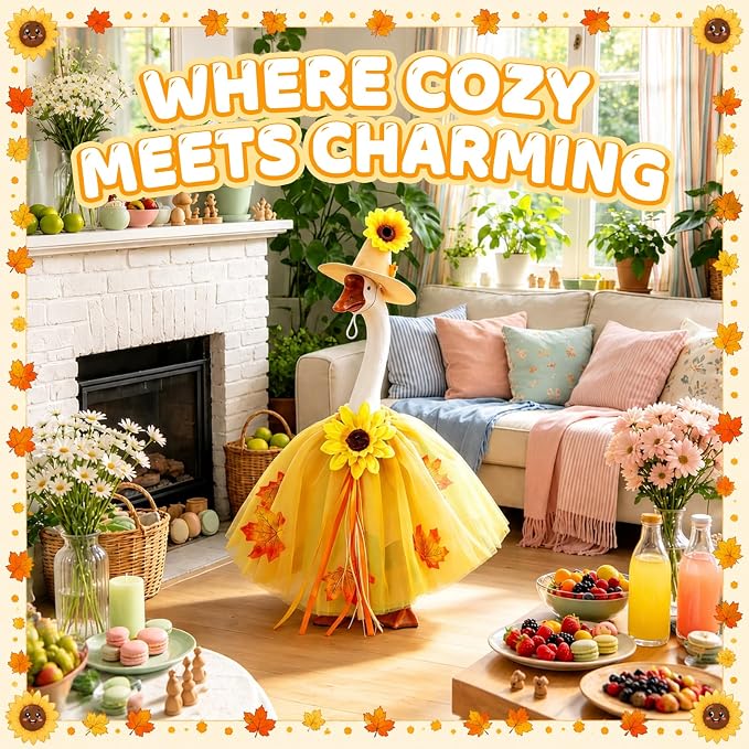 Fall Porch Goose Outfits for 23" Statues, Geese Clothes with Daisy Hat | Exquisite porch goose dress with realistic maple leaves and an elegant skirt for charming fall porch and garden décor