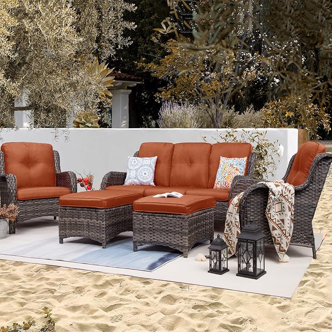 Patio Furniture Set 5-Piece Wicker Outdoor Furniture Conversational Set with 3-Seat Sofa, 2 Armchairs, 2 Ottoman Patio Rattan Wicker Sectional Sofa Set with Olefin Cushions, Orange
