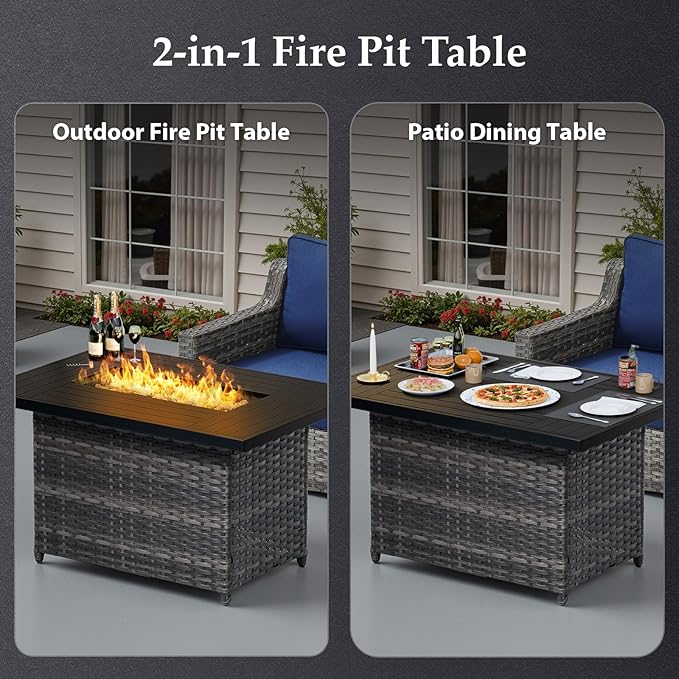 Patio Furniture Set with 42.5" Fire Pit Table-6 Pieces All Weather Wicker Outdoor Furniture with High Back Swivel Patio Chairs Set of 2 Outdoor Couch for Deck Backyard Blue/Gray