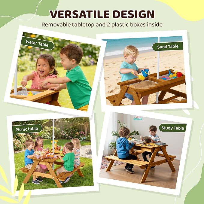 JOYMOR 4-in-1 Kids Picnic Table w/2 Sensory Bins, Cedar Wooden Sand & Water Table with Height Adjustable Umbrella, Wooden Kids Outdoor Picnic Tables for Garden, Backyard, Patio Furniture(Natural)
