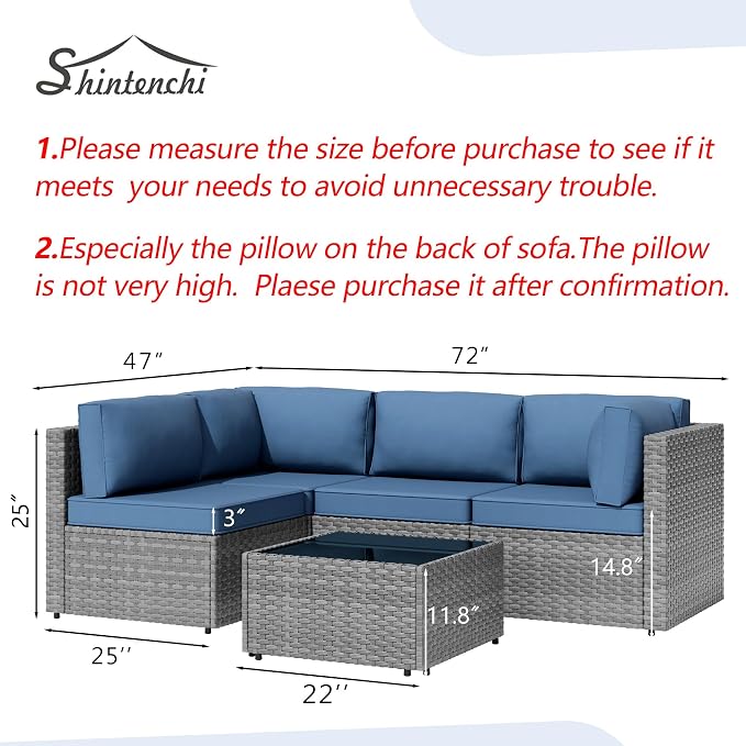 5 Piece Outdoor Patio Furniture Set,Silver PE Rattan Wicker Sectional Sofa, All Weather Conversation Set with Washable Cushions & Glass Coffee Table for Backyard Poolside Garden Porch,Navy Blue