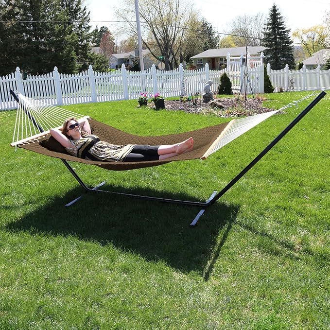 Sunnydaze Quilted Designs Hammock with Stand 2 Person Heavy Duty - Double Hammock with 12 Foot Steel Stand for Backyard & Patio - 350 Pound Weight Capacity - Brown