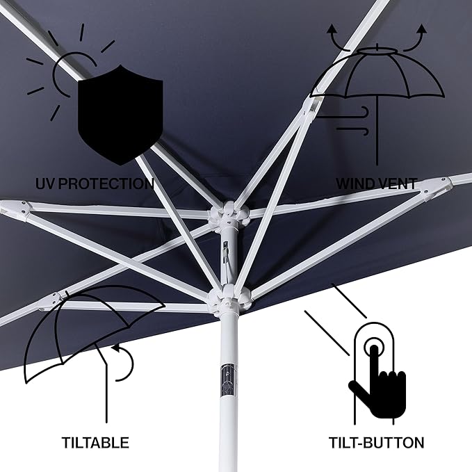 JONATHAN Y Terrace Scalloped 9 ft. Half Round Patio Umbrella with Crank Lift and Tilt, Coastal Semicircle Market Wall Umbrella for Balcony, Navy/White, White Pole UMB1202G
