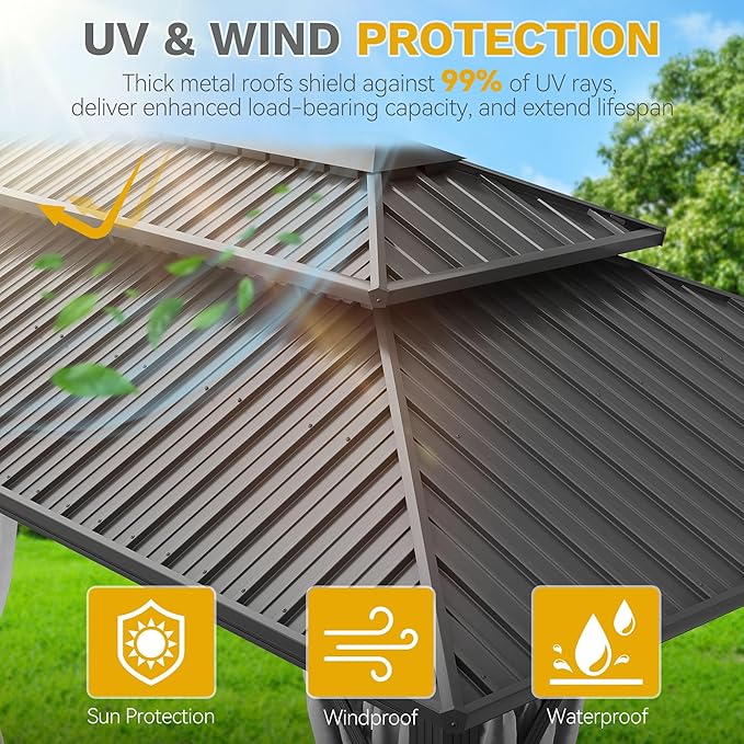 DWVO 12x20ft Gazebo Double Roof Hardtop with Nettings and Curtains, Heavy Duty Galvanized Steel Outdoor Vertical Stripes Roof for Patio, Backyard, Deck, Lawns, Grey