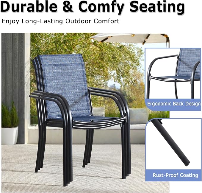 5 Piece Patio Dining Set for 4, 42” Black Round Table with Umbrella Hole and 4 Blue Patio Stackable Chairs, Patio Table and Chairs for Backyard, Lawn, Deck & Garden