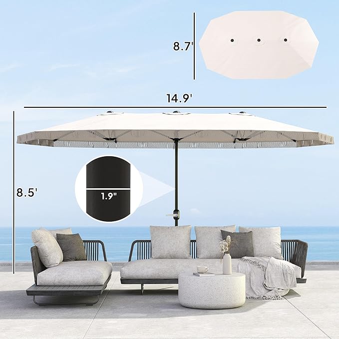 Outsunny 15FT Extra Large Patio Umbrella with Fringe, UPF30+ Double-Sided Market Umbrella with Easy Crank Handle, 2 Vents for Garden Pool Lawn