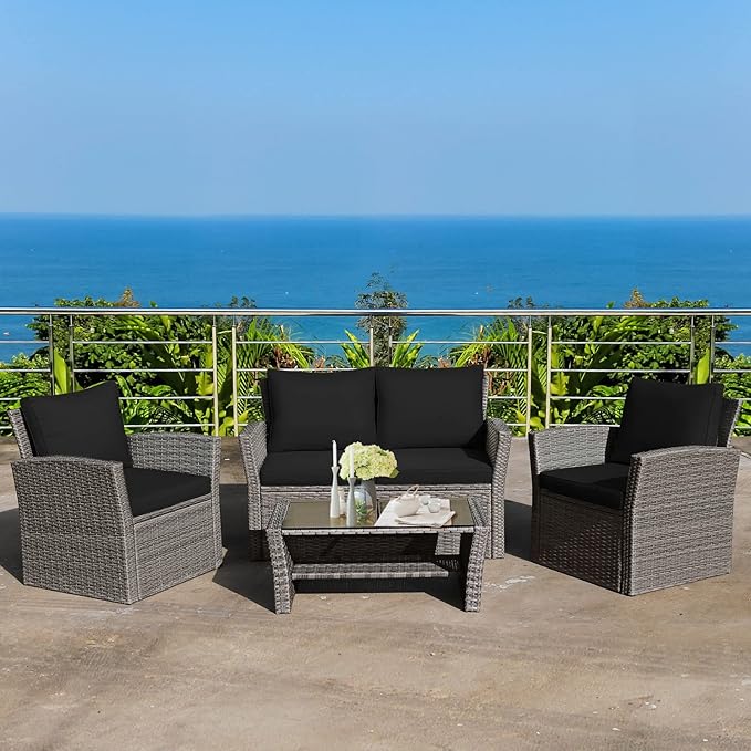 COSTWAY 4 Pieces Patio Rattan Furniture Set, Outdoor Wicker Sofa Set with Tempered Glass Coffee Table, Cushions, All Weather Rattan Conversation Set for Yard Balcony Backyard Pool (Black)