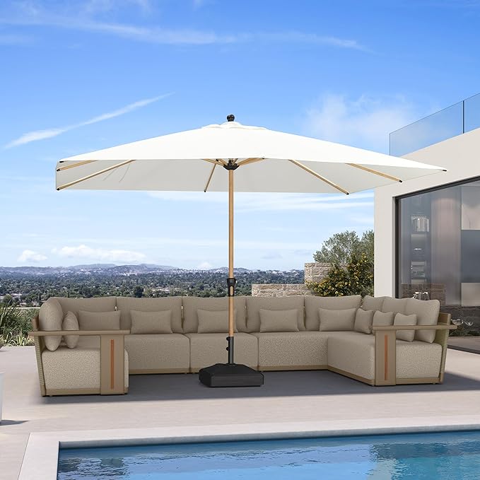 PURPLE LEAF 8' x 11.5' Patio Umbrella Outdoor Table Umbrella Rectangular Aluminum Market Umbrella with 8 Sturdy Ribs & Crank Outdoor Umbrellas for Garden Deck Patio, Cream