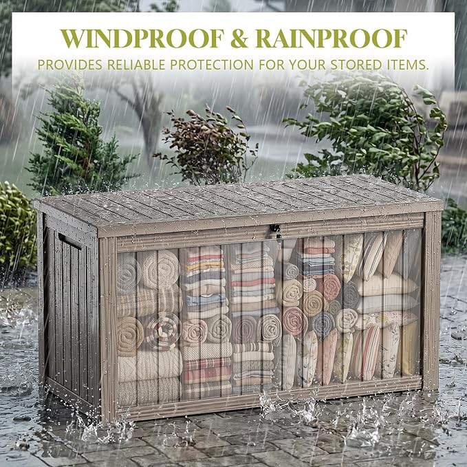 Waterproof Outdoor Storage Box Outside Deck Box Lockable Resin Bench UV Resistant Furniture Cushion Pool Tool Float Bin Patio Garden Porch (Grey, 150 Gallon)