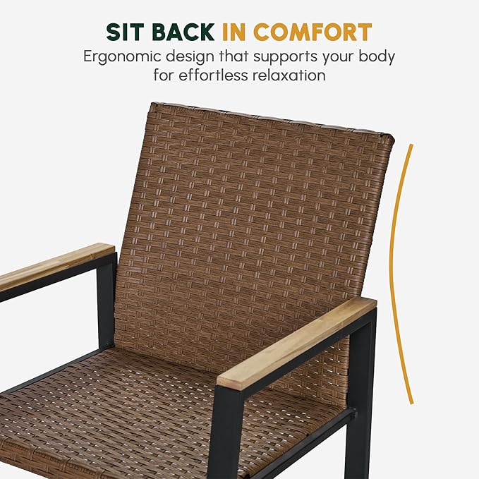 BEEFURNI Wicker Patio Furniture Dining Set, Outdoor Patio Table and Chairs Set, Rattan Outdoor Furniture Set, Acacia Wood Table, Chairs, Weather Proof Set for Porch, Backyard (Brown)