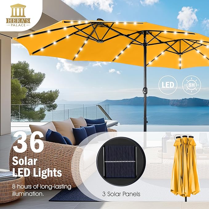 HERA'S PALACE 15ft Patio Umbrella with Base Included Double Sided Outdoor Umbrella for Patio Table Umbrella Outdoor 36 LED Solar Lights for Garden