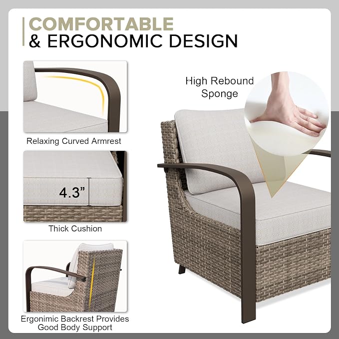 COOS BAY Aurora Terrace 6 Piece Outdoor Sectional Furniture Set, Half Moon Rattan Wicker Conversation Set with Patio Chairs, 5 Seat Sofa & Coffee Table for Patio Garden Yard, Beige/Beige