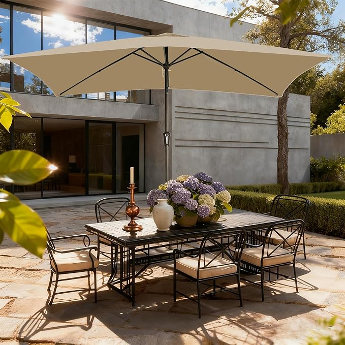 6.5x10FT Rectangular Patio Umbrella with Push Button Tilt & Crank Lift for Garden,UV Protection Outdoor Umbrella for Deck,Pool and Yard,Beige