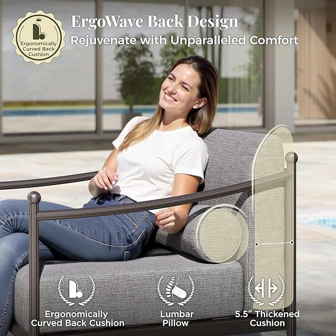 4-Piece Steel Outdoor Patio Conversation Set, All-Weather Garden Furniture with Thick Cushions, Waterproof & Rust-Resistant, Modern Patio Seating for Deck, Balcony, Porch, Backyard - Grey