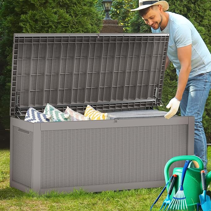 260 Gallon Outdoor Deck Boxes, IP68 Waterproof Outdoor Storage Box with Hydraulic Lid Support, Outside Resin Container for Furniture, Toy, Shoe, Garden & Patio Tools Storage -Brown
