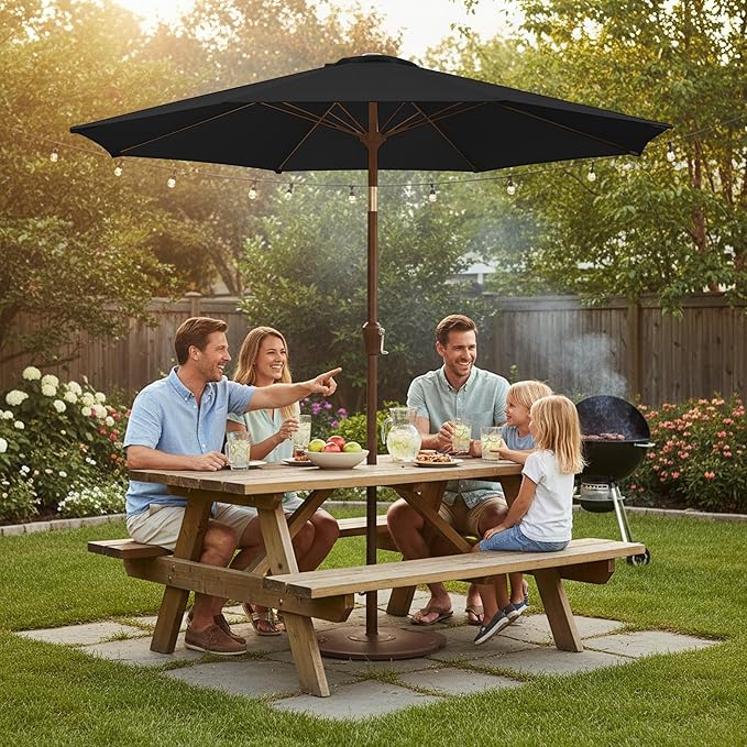 9ft Patio Umbrella with Push Button Tilt and Crank,Outdoor Market Table Umbrella UV Protection 8 Sturdy Ribs for Backyard,Garden,Pool,Deck(Black)