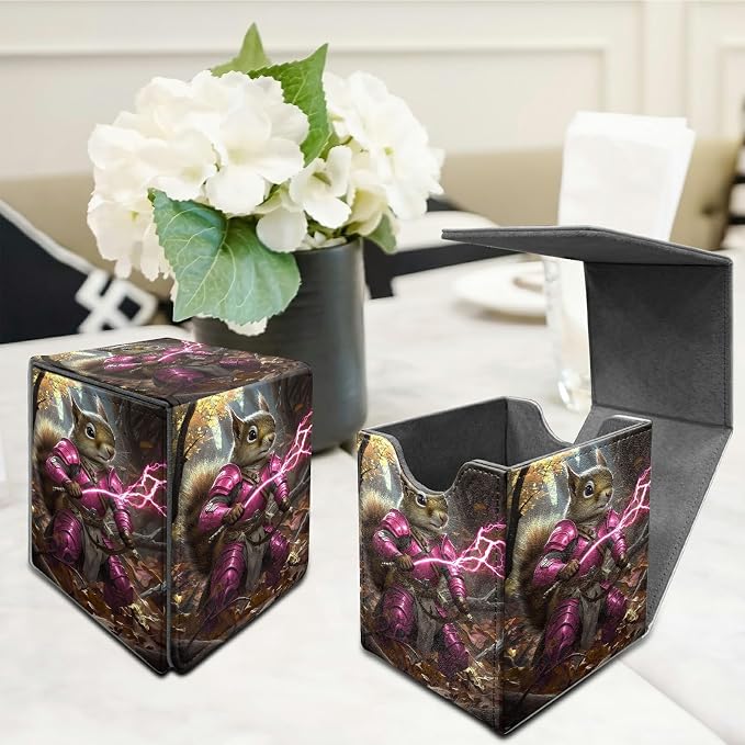 Purple Lightning Squirrel Card Deck Box for MTG, Personalized Card Storage Case Fits 120+ Sleeved Cards, Premium Leather TCG Box with Strong Magnetic Closure for Magic, PTCG, Baseball Cards