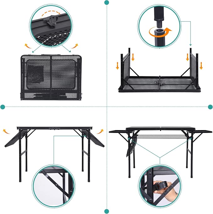 Nice C Folding Grill Table, Camping Tailgate Metal Table, 2 Tier Mesh Grill Station, with Metal Folding Adjustable Height&Width, Mesh Net, Carry Handle, for Outdoor