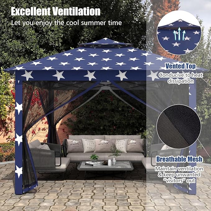Tangkula 11x11 Ft Pop up Gazebo, 2-Tier Outdoor Patio Gazebo with Netting, Carry Bag, 121 Square Feet of Shade for Backyard, Deck, Poolside