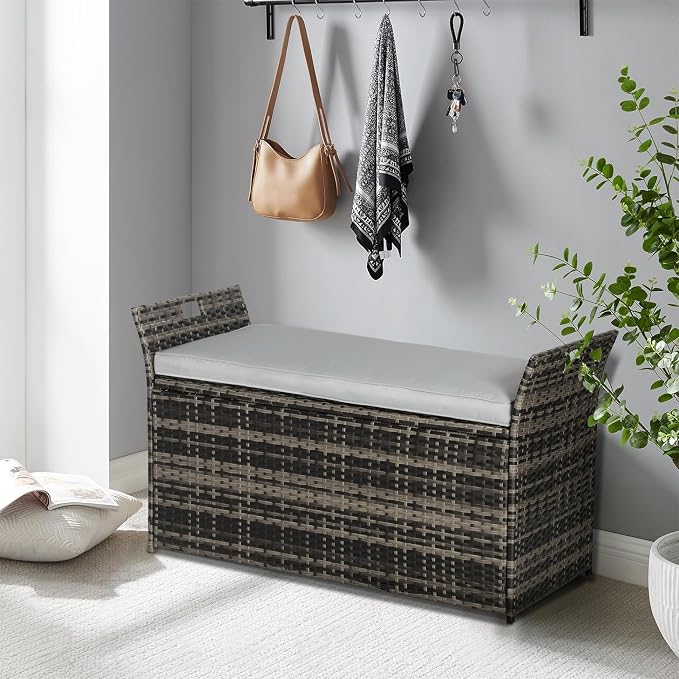 Crownland 80 Gallon Outdoor Storage Bench with Cushion, Outdoor Wicker Storage Box, Patio Deck Box with Seat, for Garden, Balcony, Poolside (Grey)