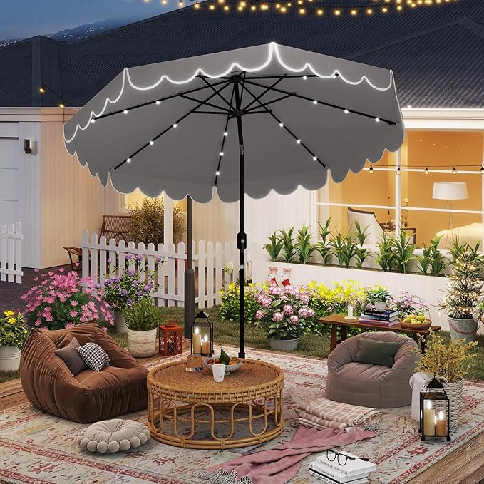 HAPPYGRILL 10 FT Patio Umbrella with Solar Lights, Market Sunshade with Ruffles, Vented Top, Tilt Adjustment & Built-in Crank, Outdoor Parasol Canopy for Backyard Poolside Deck Beach Lawn