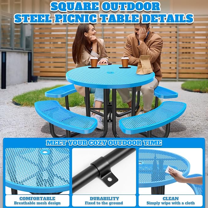 Heavy Duty Picnic Table with Umbrella Hole, Expanded Meta Outdoor Metal Patio Dining Table & Outdoor Bench Set, Steel Mesh Dining Furniture for Garden, Lawn, Patio (47 INCH Blue Circle Table)