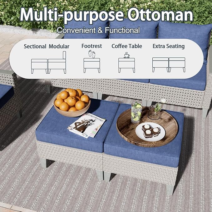 Outdoor Patio Furniture Set with Fire Pit Table 15-Piece Modular Wicker Sectional Sofa with Ottomans and Thick Cushions, Modern Rattan Outdoor Conversation Couch, Navy