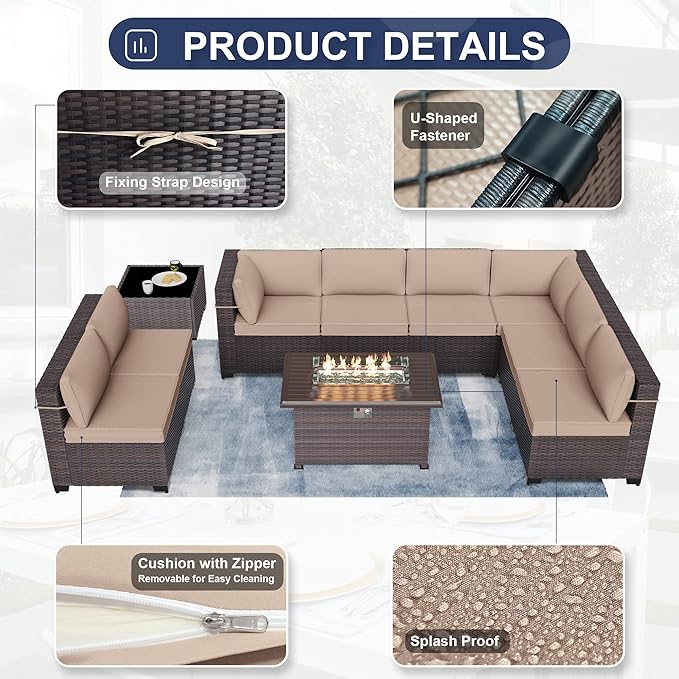 Patio Furniture Sectional Sofa 10PCS PE Rattan Patio Conversation Set w/43in Gas Fire Pit Table, Patio Outdoor Furniture with 4 Inch Thickened Cushions and Glass Coffee Tables, Sand