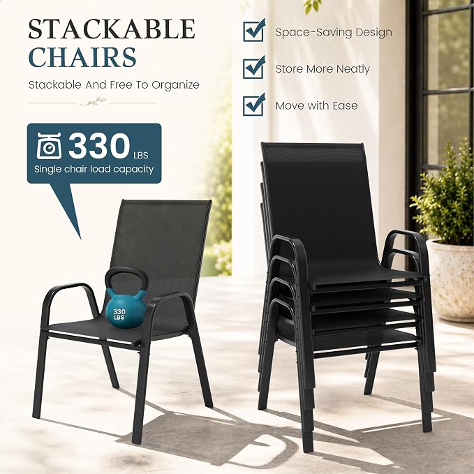 7-Piece Outdoor Dining Set, All Weather Patio Table and Chairs Set with Umbrella Hole for 6, Steel Slat Table and 6 Textilene Chairs for Backyard, Poolside and Deck, Black(No Umbrella)