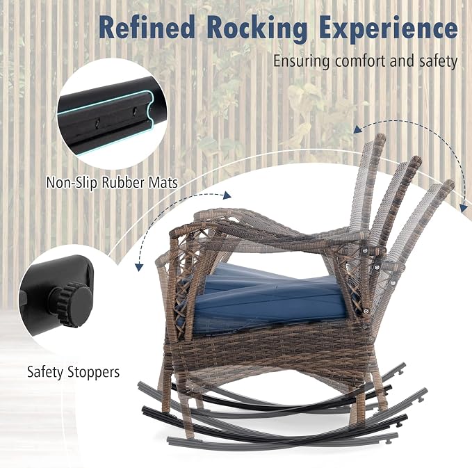 Tangkula 4 Piece Wicker Rocking Set, 2 Patio Rattan Rocker Chairs w/Loveseat & Coffee Table, Heavy-Duty Metal Frame & Bungee Rope Seat, Cushioned Patio Rattan Rocker Set for Porch, Poolside (1, Navy)