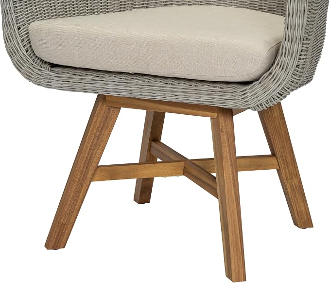Christopher Knight Home Ambes 5 Piece Acacia Wood Outdoor Dining Set for 4, Patio Dining Table and Chair Set with Curved Rattan Backrest & Cushions, Outdoor Dining Table Set, Beige+Grey Ash+Brown