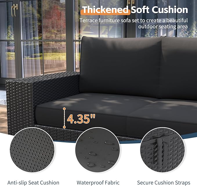 UDPATIO Patio Furniture Set with Fire Pit Table, Outdoor Wicker Conversation Set with 8'' Wide Armrests, Patio Sectional Sofa Set for Backyard, Deck, Black Cushions