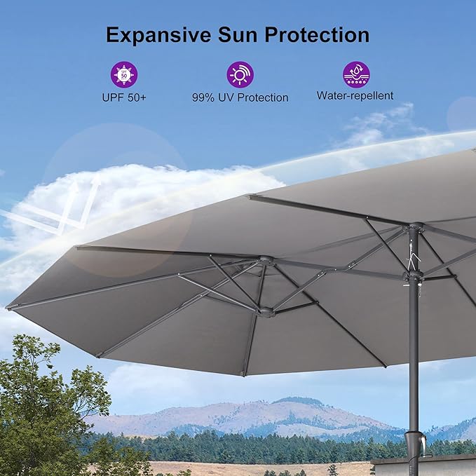 PURPLE LEAF 15ft Patio Umbrella with Base Included Double-Sided Rectangle Market Outdoor Umbrella Table Umbrella with Crank for Pool Garden Deck, Grey
