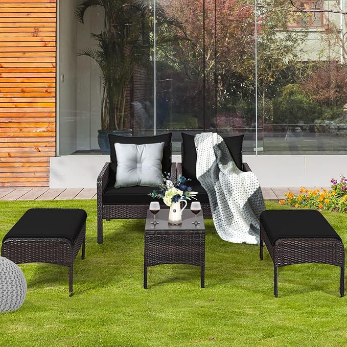 Tangkula 5 Pieces Wicker Patio Furniture Set, PE Rattan Outdoor All Weather Cushioned Sofas and Ottoman Set, 2-Person Outside Conversation Set for Lawn, Poolside, Yard, Balcony, Deck, Black