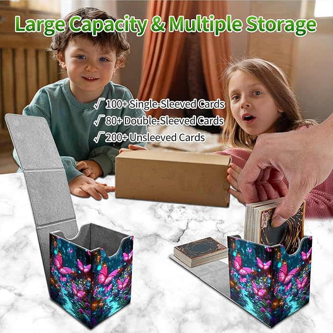 Pink Butterfly Forest Card Deck Box for MTG, Personalized Card Storage Case Fits 120+ Sleeved Cards, Premium Leather TCG Box with Strong Magnetic Closure for Magic, PTCG, Baseball Cards