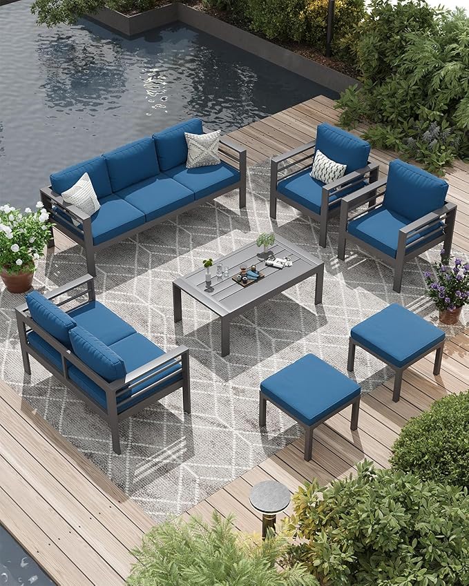 AECOJOY Aluminum Patio Furniture Set, 9 Seats Modern Outdoor Furniture with Coffee Table, 7 Pieces Metal Conversation Sectional Sofa, Blue