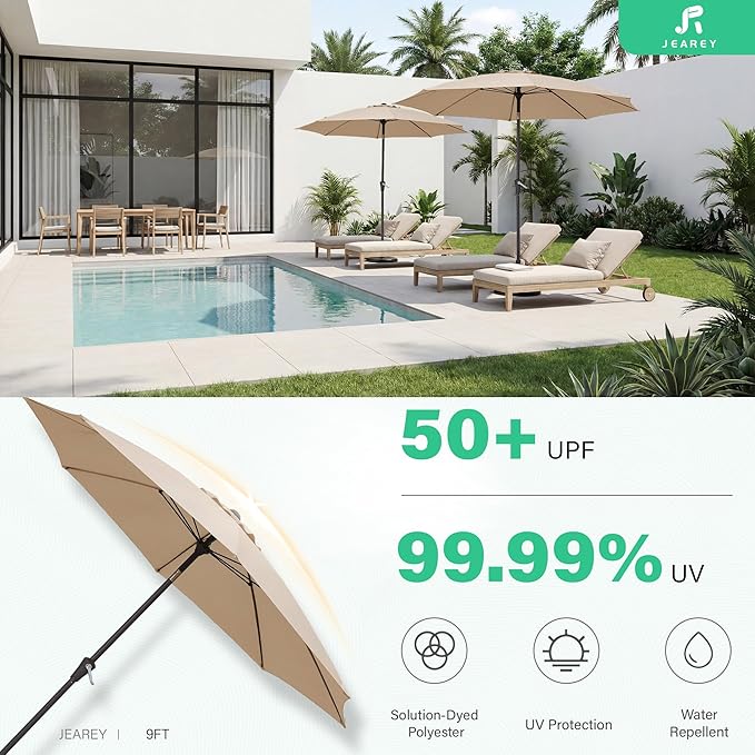 JEAREY 9FT Outdoor Patio Umbrella, Market Umbrella with 8 Fiberglass Ribs & Tilt/Crank, UV Protection & Wind-Resistant Pool Umbrella for Lawn Garden Deck Backyard, Cream Beige