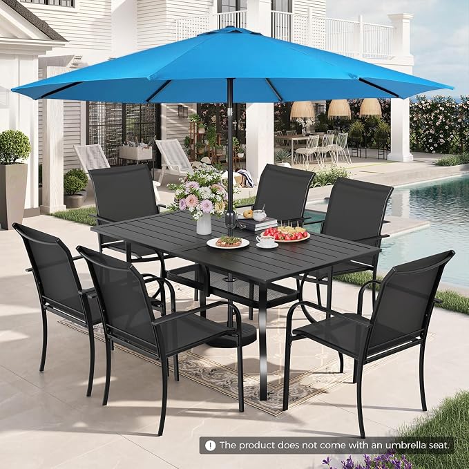 Incbruce 8 Pieces Patio Dining Set with Sky Blue Umbrella, Outdoor Dining Set of 6 Textilene Chairs and Rectangle Table with Umbrella Hole for Backyard, Garden, and Poolside (Black)