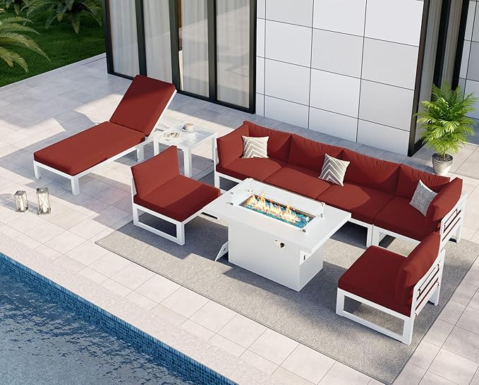 NICESOUL 9 Piece Large Contemporary Aluminum Outdoor Furniture Set with Chaise Lounge & Fire Pit Table, 29" Deep Couch Set, 500 lbs High Weight Capacity Patio Sectional Sofa for Poolside, Burgundy