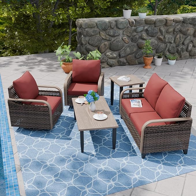 COOS BAY Modern Wicker Outdoor Furniture Set, 5 Piece Patio Conversation Set with 2 Swivel Rockers, a Loveseat, Coffee Table and Side Table, 5 Piece, Brown/Red
