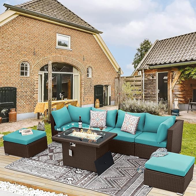 BULEXYARD 7 Pcs High Back Patio Furniture Set with Fire Pit Table Propane/Natural Gas Dual Fuel, Heavy Duty Outdoor Sectional Couch, XL Comfy Backyard Seating for Exterior, Brown Wicker & Teal Cushion