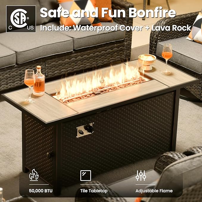 ovios 10 Pieces Patio Furniture Set, Outdoor Wicker Sofa Couch with Rocking Swivel Chairs Solar Light Table Fire Pit, Modern Deep Seat Rattan Conversation Sets, Dark Grey