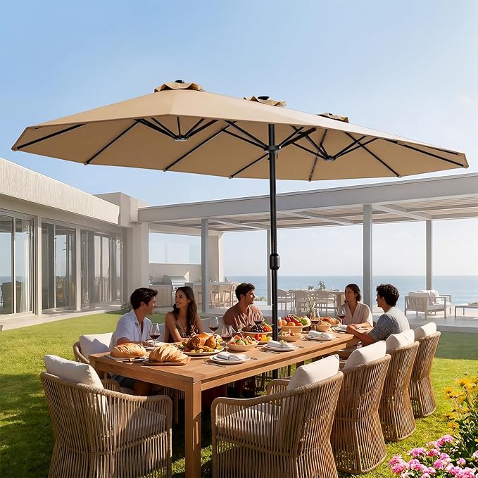 HOMSHADE Double Sided Patio Umbrellas - 13ft Solar Lights LED Lighted Outdoor Extra Large Market Table Umbrella with Base Included, Oversized Umbrella for Deck, Pool, Backyard