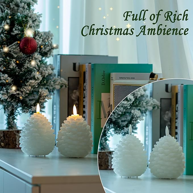 Christmas Flameless Pinecone Candles with Remote, Real Wax Battery Operated Pine Cone Candles, 2 Pack Flickering Led Candle Christmas Decorations for Winter Home Holiday Xmas Gift, White